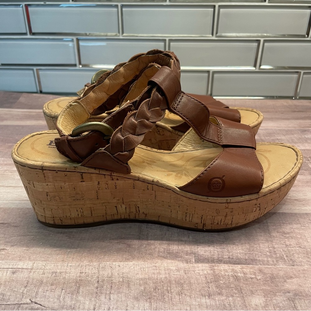 Born Laurene In Saddle Brown Braided Leather Cork Wedge Sandals Size 7 - Picture 4 of 12